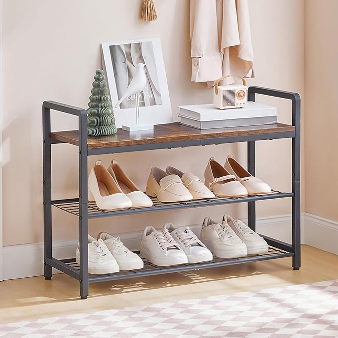 HOOBRO Shoe Bench, 3-Tier Shoe Rack Entryway Bench, 29.5" L Shoe Storage Bench with Metal Handles, Industrial Shoe Organizer for Hallway, Space Saving, Mesh Shelves, Rustic Brown and Black BF32HX01