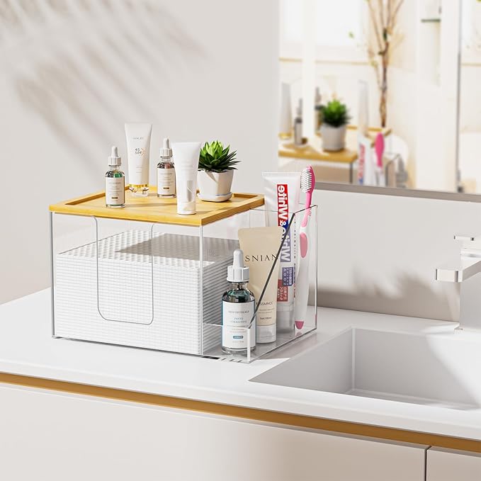 VITVITI Disposable Face Towel Holder Box, Acrylic Clean Skin Club Facial Towel Container with Toothbrush Holders, Large Disposable Face Towels Storage for Bathroom Vanity Makeup, Clear