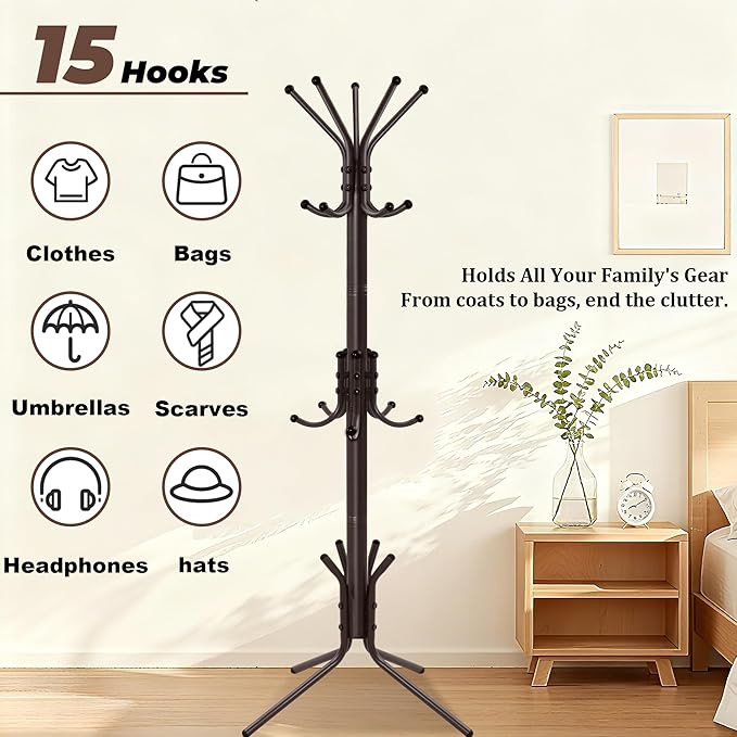 Metal Coat Rack, Freestanding Coat Tree & Hall Tree with 15 Hooks, Sturdy Coat Rack Stand and Hat Rack, Coat Hanger for Entryway, Bedroom, Office for Jackets, Hats, Bags,Brown