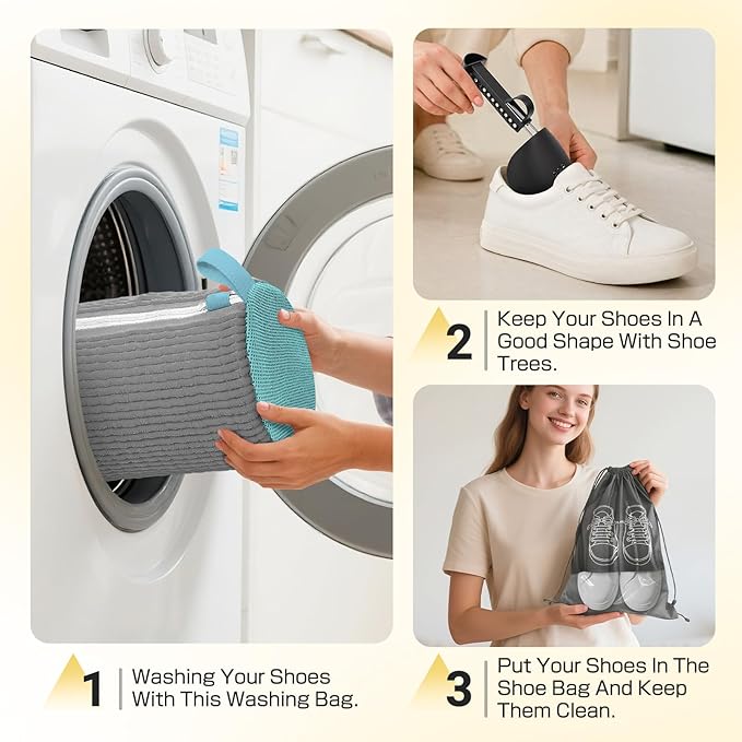 Shoe Washing Machine Bag,Reusable Laundry Cleaning bags for Washer and Dryer Fluffy Fibers 360° Wrap-Around Cleaning for All Shoes with Adjustable Shoe Trees & Dust-Proof Bag (Grey 4Pcs)