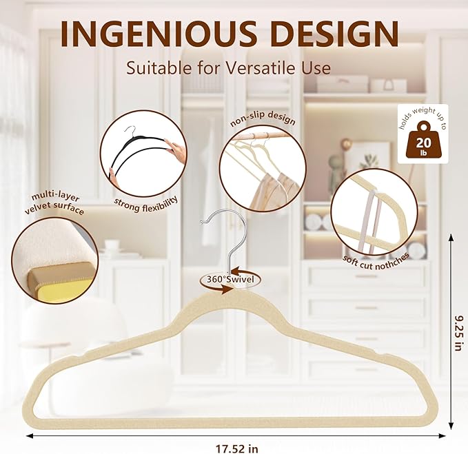 Velvet Hangers 50 Pack, Felt Hangers Clothes Coat Hanger Velvet with 360° Swivel Hook Slim Space Saving Non Slip Heavy Duty for Closet Organizer Pants Shorts Suits Shirt Clothing, Ivory White