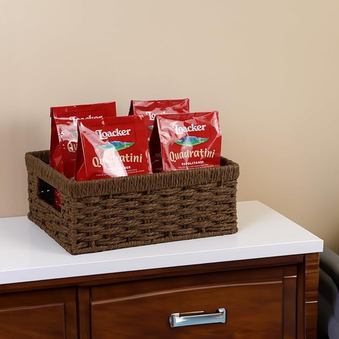 Wicker Baskets, Baskets for Organizing, Rattan Woven Basket for Storage, Organizer Bins with Built-in Handles, Storage Basket for Shelves (Paper Rope, Small)