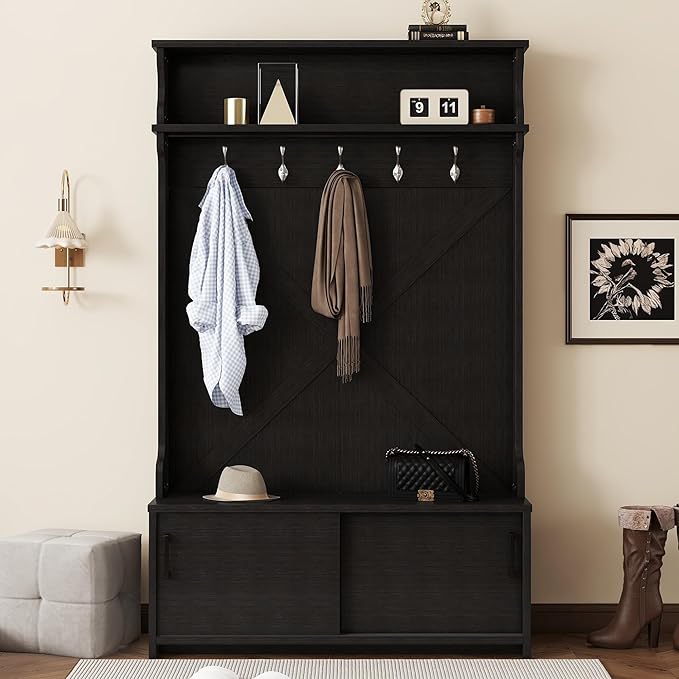 Modern 47'' Wide Hall Tree with Top Shelf and Storage Bench, Hallway Shoe Cabinet with Sliding Doors, Coat Rack with 5 Hanging Hooks for Entryways Hallways (Black-8.18)
