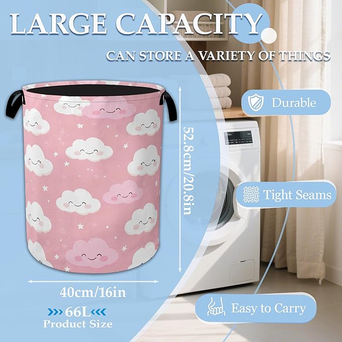 Pink Cloud Laundry Basket Oxford Cloth Laundry Hamper With Handle, Foldable Portable Clothes Storage Baskets for Bathroom, Bedroom, Dormitories 16" X 20.8"