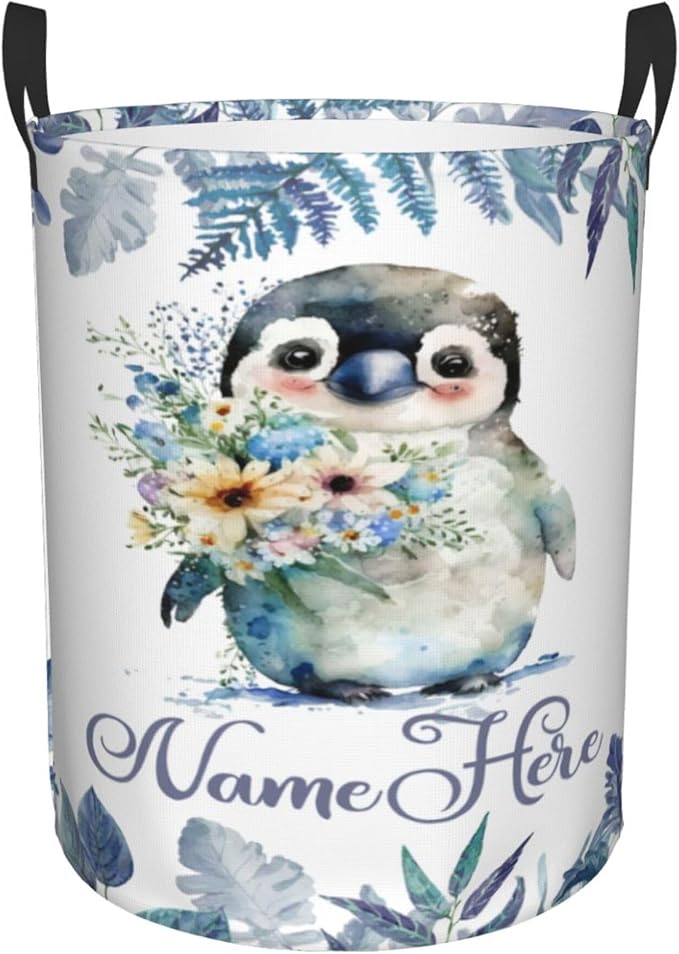Personalized Penguins Laundry Basket For Baby Kids Boys Girls Adult Custom Hamper Basket With Name For Bathroom Bedrooms Collapsible Baby Laundry Basket, Dirty Clothes Hamper With Handles