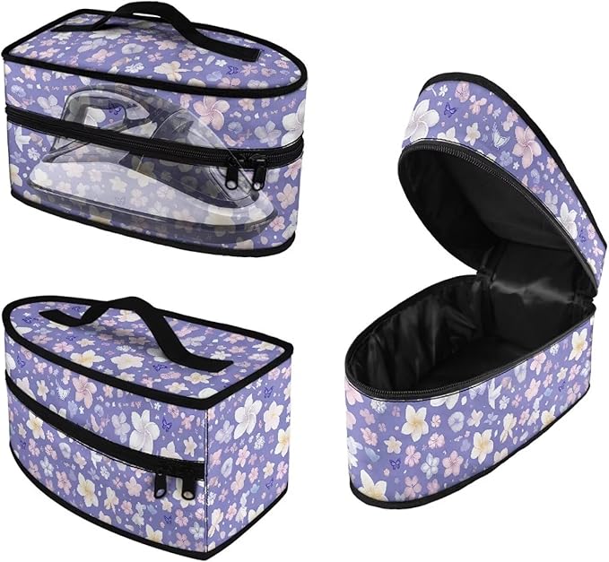 Purple White Floral Iron Portable Storage Bag for Travel Fade Resistant Protective Carrying Bags Compatible with Full-size Irons with Handle Zippered Bag Case Only