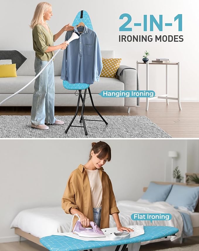 LyriFine Ironing Board, 2-in-1 Flat and Hanging Board, Sturdy Steel Frame Iron Board with Non-Slip Feet, Heat Resistant Cover Iron Board, Foldable Ironing Board Full Size with Hook, 14″ x 43″ Blue