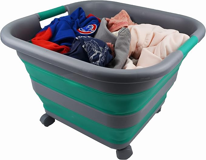 SAMMART Collapsible Plastic Laundry Basket with Wheels 39L (10.3 Gallons) -Foldable Pop Up Storage Container for Laundry, Camping & Home (1, Dark Grey/Bluish-Green)