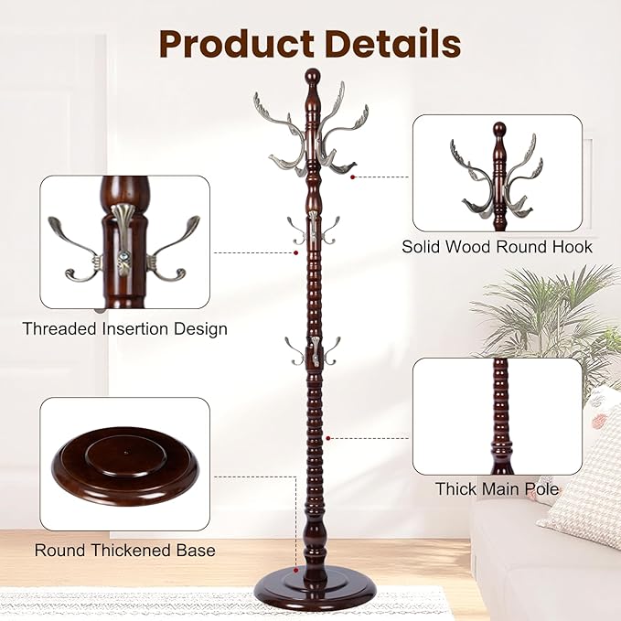 Freestanding Coat Rack with 14 Hooks, Sturdy Wooden Hall Tree for Entryway, Heavy-Duty Disc Base,for Hanging Hats, Jackets, Bags, Easy Assembly for Bedroom, Hallway, Office