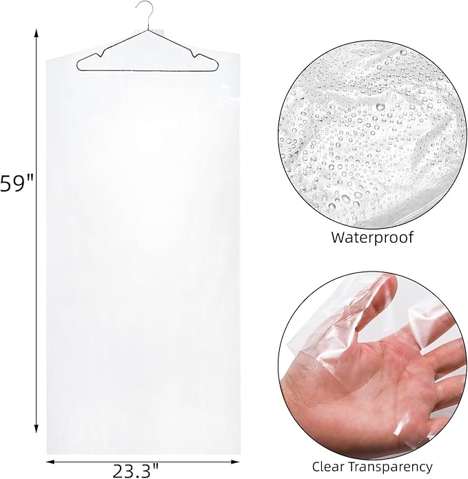 AVLA 50 Pack Plastic Garment Bags, Clear Dry Cleaner Bags, Dry Cleaning Hanging Clothes Cover, Transparent Coat Suit Dust Cover Protector Bag for Closet Storage, Home, Laundry, Laundrette, 23 x 59 In