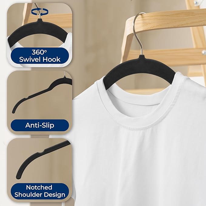 SereneLife 50-Piece Velvet Shirt Hangers – Black Non-Slip, Heavy Duty Clothes Hangers with 360° Swivel Hooks, 0.2" Slim Design, Sturdy & Lightweight Closet Organizers for Shirts, Coats & Pants