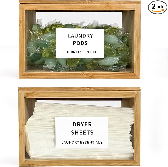 2 Pack Laundry Pods Container, Glass and Bamboo Dryer Sheet Holder with Lid and 6 Labels, Powder Detergent Containers for Laundry Room Organization, Laundry Organizer for Scent Booster