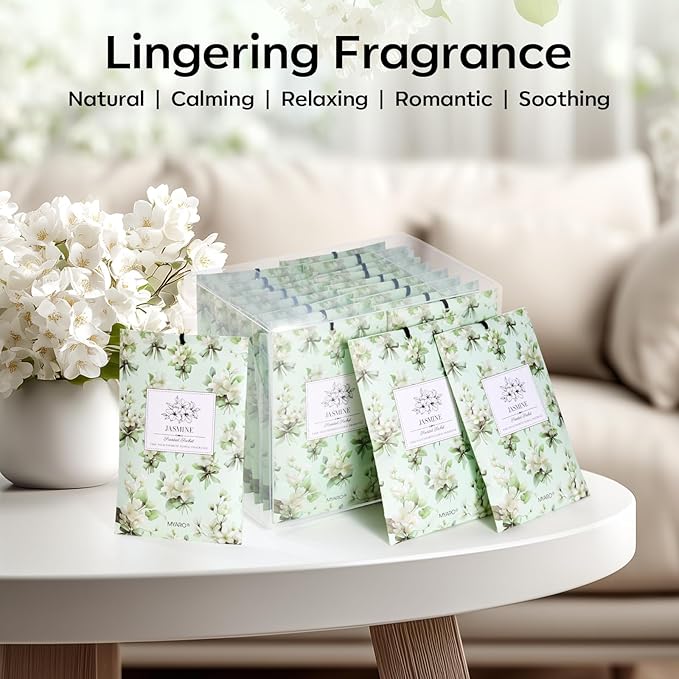 MYARO 20 Pack Jasmine Scented Sachets - Fresh Drawer & Closet Air Freshener Bags, Odor Eliminator for Bathroom, Lingerie Drawers, Car & Travel