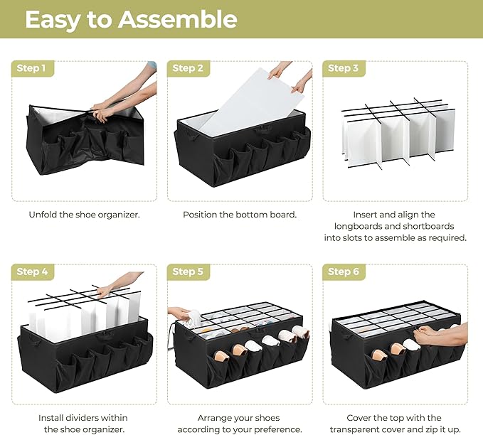 Shoe Organizer for Closet, Shoe Storage Solution with Clear Cover & Adjustable Dividers, Fabric Shoe Box Fits 16 +12 Pairs Shoes, Black, 1-Pack
