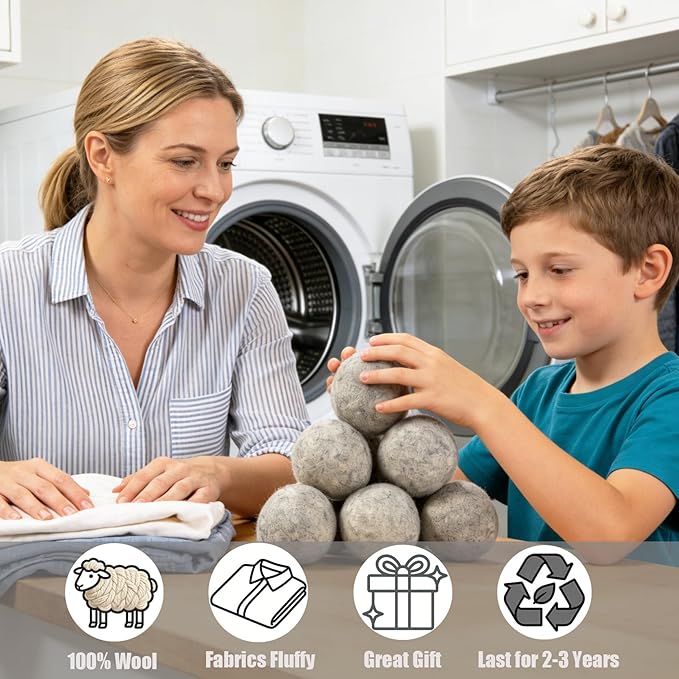 Wool Dryer Balls 6 Pack XL, 3" Genuine New Zealand Wool to Core, 100% Organic Fabric Softener Alternative, Baby Safe & Chemical Free, Reduce Wrinkles & Shorten Drying Time (Grey-6pcs)