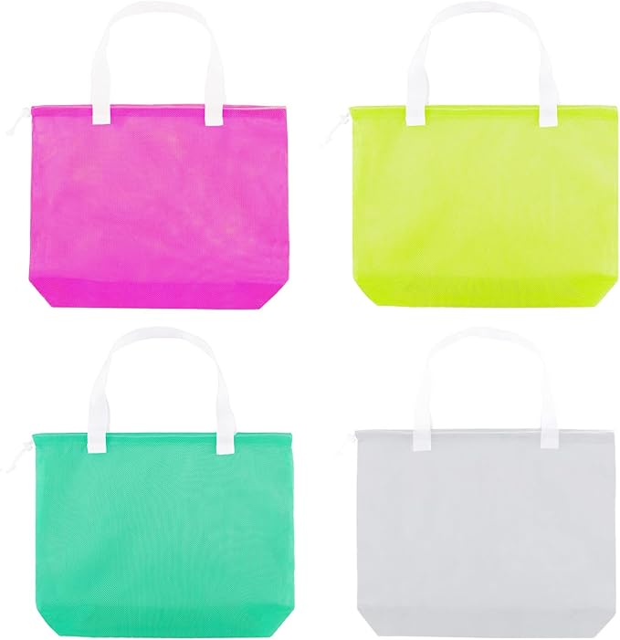 Reusable 4Pack Colorful Mesh Beach Tote Bags,Mesh Shopping Bag With Drawstring For Travel,Toys,Gift Or Laundry … …