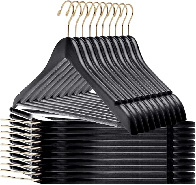Quality Black Wooden Hangers - Slightly Curved Hanger Set of 80-Pack - Solid Wood Coat Hangers with Stylish Chrome Hooks -Heavy-Duty Clothes, Jacket, Shirt, Pants, Suit Hangers (Black - Gold Hook, 80)