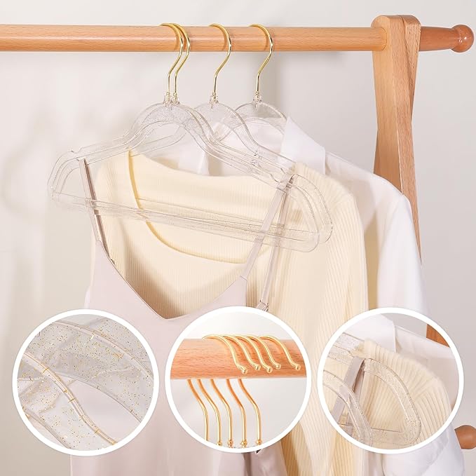 20 Pcs Gold Glitter Sparkle Hangers, Ultra-Thin Acrylic Glitter Hangers for Dresses and Suits - Non-Slip Space-Saving Clothes Hangers (Gold)
