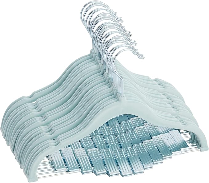 Juvale 24-Pack Light Blue Velvet Hangers - Kid Hangers with Clips - 360 Degree Swivel Hook & Space-Saving Design - 12 x 8 in, Light Blue