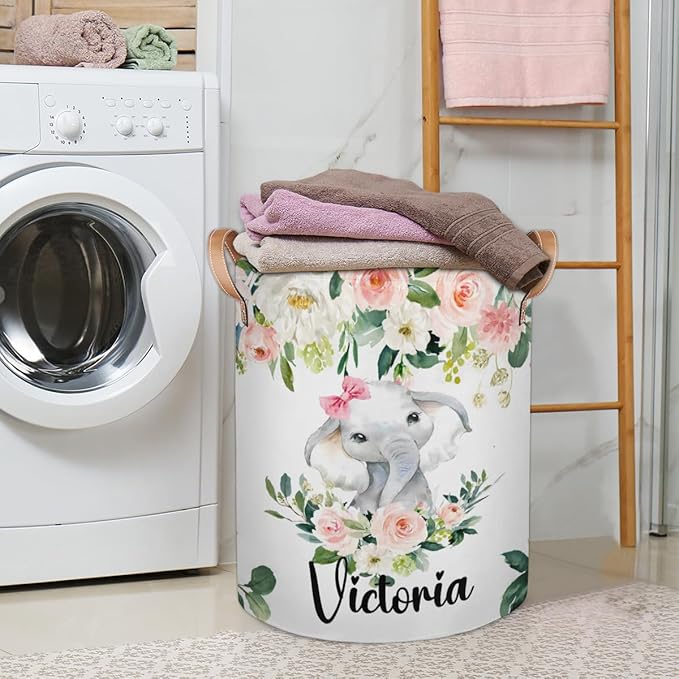 Personalized Laundry Basket, Custom Gift Laundry Hamper, Collapsible Nursery Waterproof Laundry Baskets, Dirty Clothes Toy Hamper with Handles Pink Floral Elephant Girl