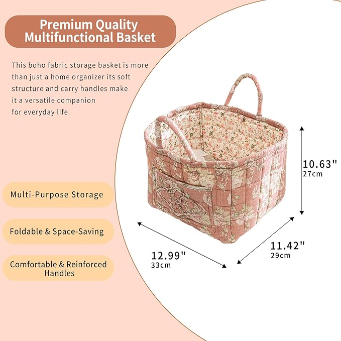 Mo&Cy Fabric Storage Basket with Handle – Collapsible Quilted Boho Floral Organizer for Laundry Room Organization,Clothes Basket,Toy Organizers and Storage,Diaper Caddy Basket(Soft Pink)