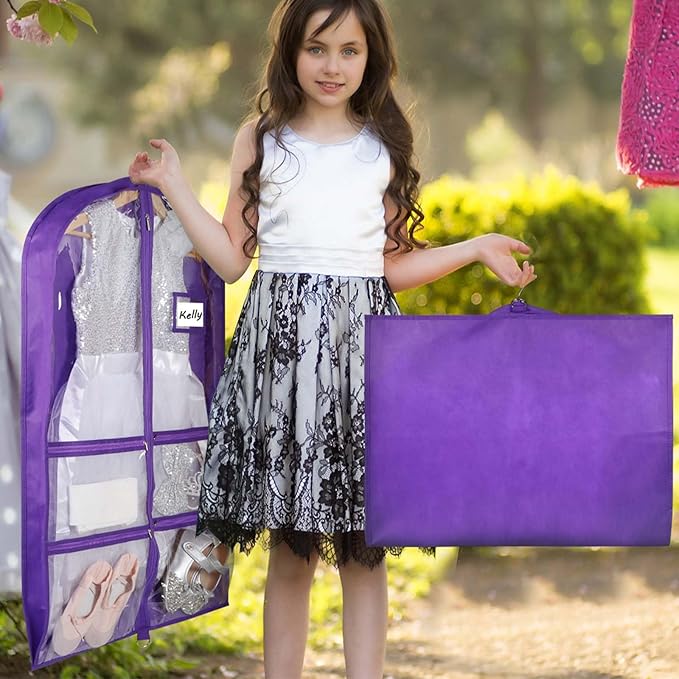 Syeeiex 3" Gusseted Clear Dance Costume Garment Bag(5 Pack), 40'' Dance Garment Bags for Dancers with 4 Zipper Pockets & Can Hold 1-3 Dance Costumes - Suitable for Dance Competitions, Ballet(Purple)