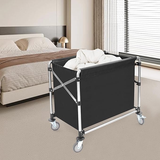 Commercial Laundry Cart with Wheels, 440lbs Heavy Duty Folding Laundry Cart, Rolling Laundry Basket with Oxford Cloth Hamper, 34.25 * 20.47 * 30.7in for Home, Dorm, Hotel, and Commercial Use (Black)