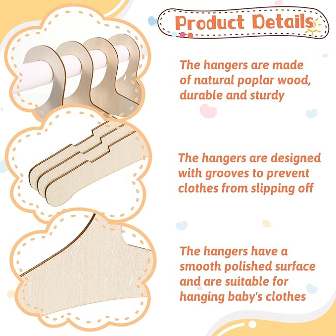 30 Pcs Baby Hangers, 9 x 4.7 Inch Baby Clothes Hangers Cute Non Slip Kids Wooden Hanger for Babies, Toddlers and Children's Coats, Dresses, Pants and Jackets (Wood Color)