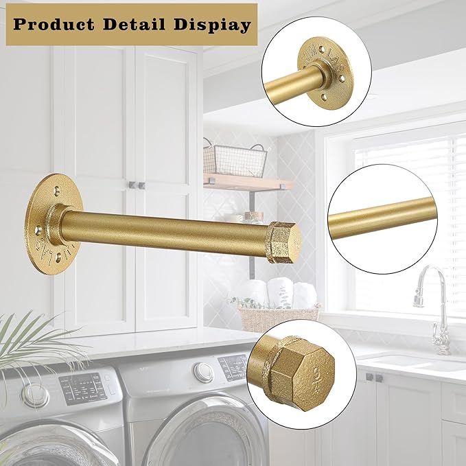 Sumnacon 2 Pcs 8 Inch Industrial Pipe Clothes Bar - Heavy Duty Rustic Metal Coat Hanger with Screws,Wall-Mounted Garment Holder Rack for Bedroom Bathroom Wardrobe Boutique Clothing Store, Gold