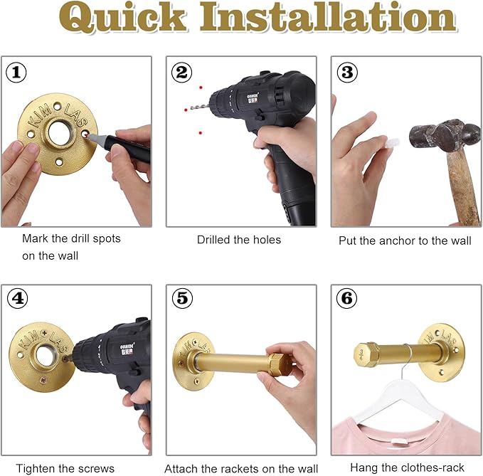 BTSKY 4 Pack Gold 6 Inch Iron Industrial Pipe Clothes Rack with Screws, Heavy Duty Wall Mounted Clothing Hanging Rod Shelving Brackets for Laundry Room Retail Store