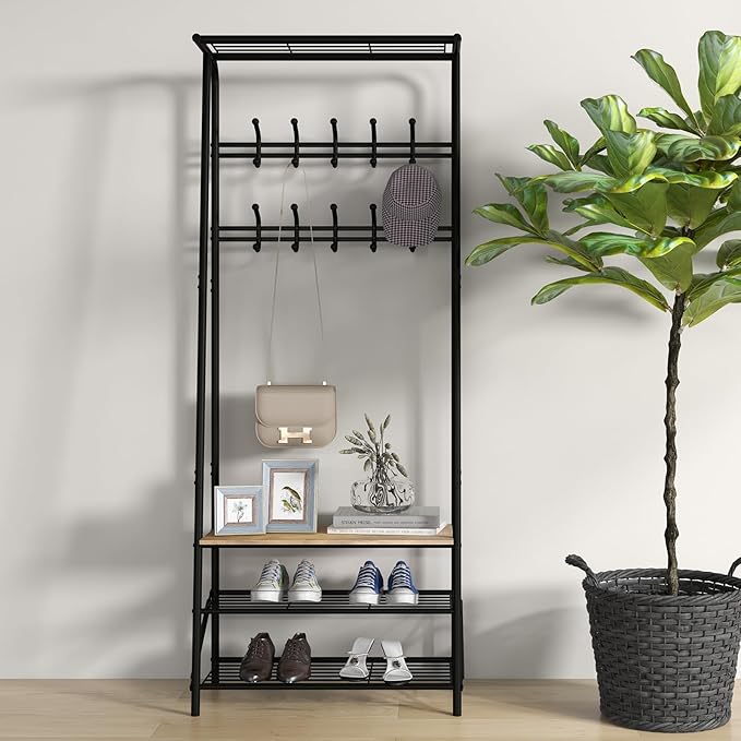 Coat Rack Shoe Bench with Double-Row 10 Hooks 60cm Width, 3-Tier Shelf Entryway Hall Tree with Storage, Metal Frame Multifunctional Organizer, 4-in-1 Coat Rack for Bathroom, Hallway.Brown.