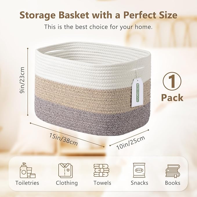 Cotton Rope Storage Basket, 15x10x9 Inches, Woven Basket for Shelves, Clothes, Towels, Books, and Laundry, White Brown (1 Pack)