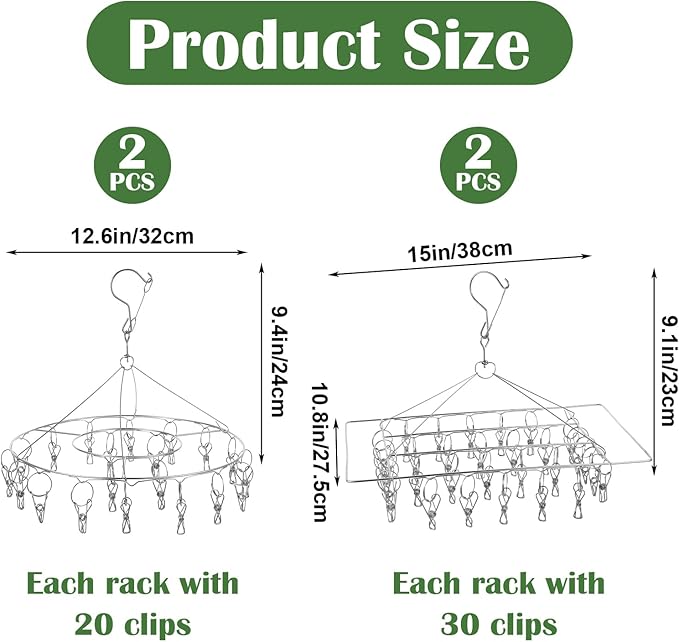 4 Pieces Stainless steel Hanging Drying Rack Two Kinds, Two of Each, Square and Round Stainless Steel with 30 Hooks, Space-Saving for Fresh and Aromatic and Clothes