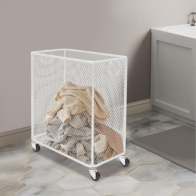 Rolling Laundry Basket Cart, Metal Laundry Hamper with Wheels, Laundry Organizer Basket Cart, Clothes Storage Organizer Hamper for Living Room,Bathroom,Closet (White, Rectangular)