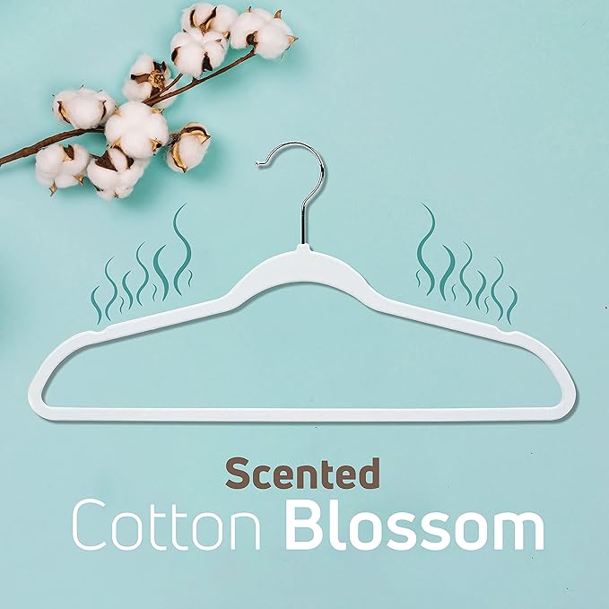 Non-Slip Scented Velvet Hangers - Heavy Duty Clothes Hanger - Ultra Thin Space Saving 360 Degree Swivel Hook - Ideal for Coats, Jackets, Pants, & Dress - Cotton Blossom - 25 Pack