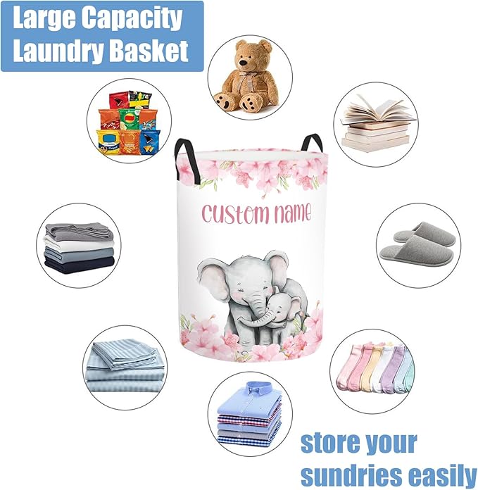 Custom Name Elephant Laundry Baskets for Baby Girls Boys, Personalized Name Laundry Basket for Kids Adults, Personalized Gift Pink Laundry Hamper with Handles, Customize Storage Basket