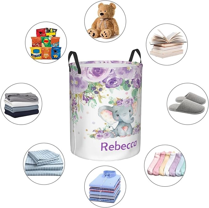 Purple Floral Elephant Personalized Laundry Hamper Custom with Name Collapsible Waterproof Storage Basket with Handles for Bedroom Decor Gift.