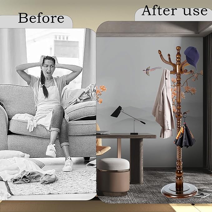 Coat Rack Freestanding, Wooden Tree Coat Rack Stand with 2 Adjustable Sizes Coat Tree and 11 Hooks, Sturdy Hall Tree with Tri-Legged Base for Entryway, Hallway, Bedroom (Walnut-Solid Round Base)