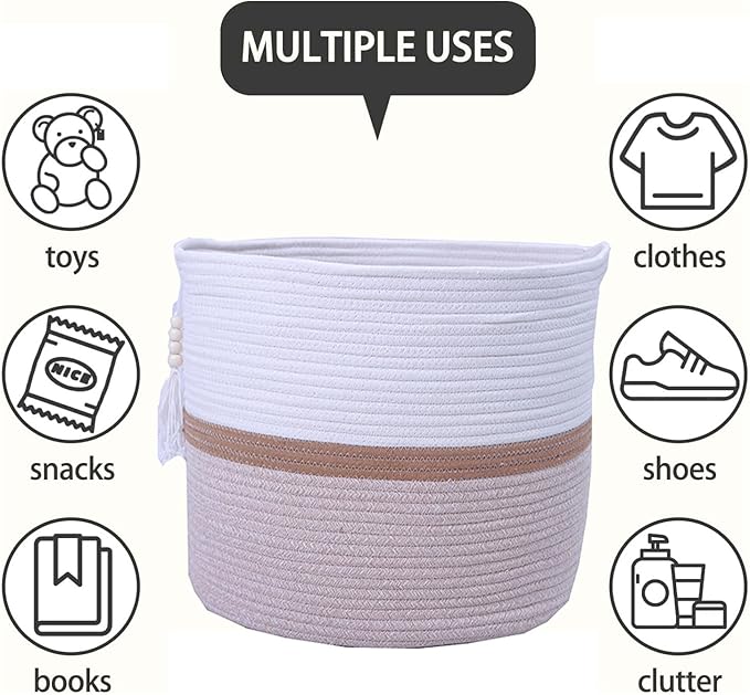 Cotton Rope Storage Bin,Natural Handmade Woven Hamper for Living Room,Blanket Basket for Clothes, Pillows, Towels (brown, 55L)