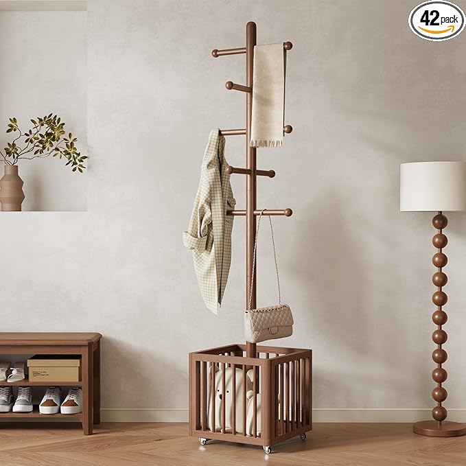 Solid Wood Coat Rack,standing coat rack with 10 Hook,Coat Rack for Freestanding,Bedroom,Living Room,Office,Hang Jackets,Bags,Clothes,Headphones(Walnuts)