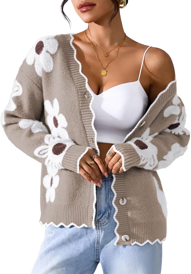 Pink Queen Fuzzy Sweater Cardigan for Women 2025 Fashion Long Sleeve Flower Outerwear Button Down Open Front Cardigan Coat