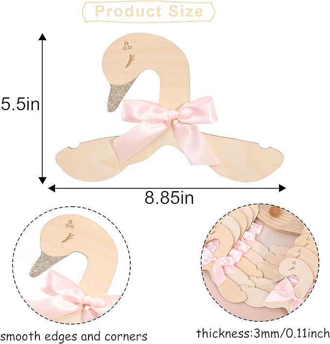 Wooden Swan Hangers with Pink Satin Bows, Gold Glitter Accents, 10 Pieces, Nursery Decor for Baby Shower，Suit Hangers- Girls Bedroom Closet Decorations,Kids Hanger with Bow,Baby Clothes Storage