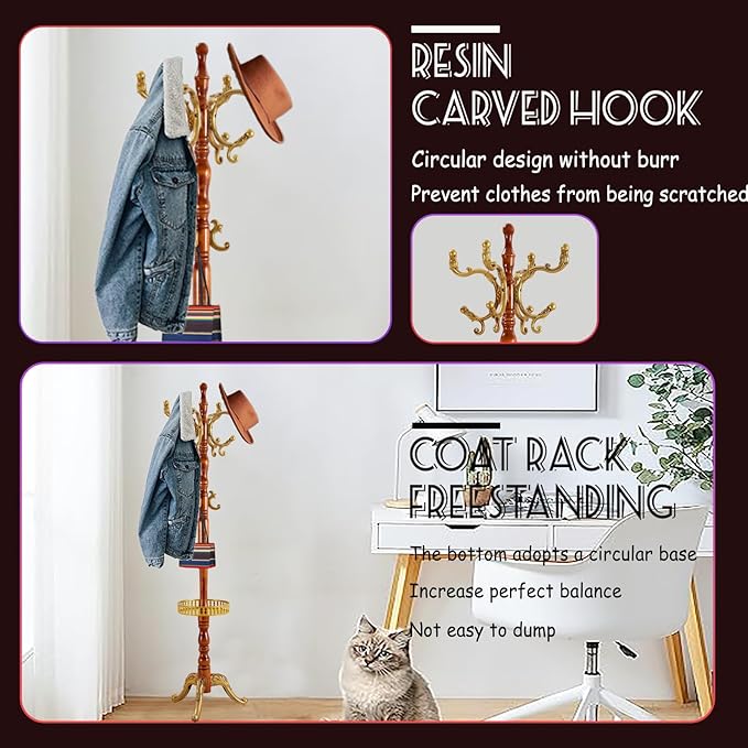 73 in Wood Coat Rack, Coat Rack Freestanding with Stable Round Base, Adjustable Height Tree Coat Racks Stand for Home Bedroom Office Hallway Entryway (Begonia Tray)