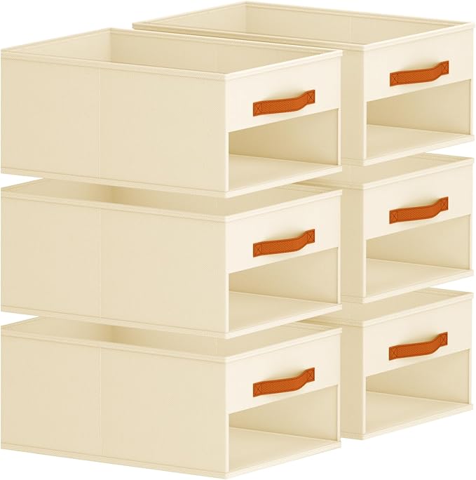 Drawer Organizers and Storage - 6 Pack Foldable Pants Organizer with Clear Window & Handles, Fabric Closet Organizer for Clothes, Jeans, Sweaters, Towels, T-shirt, Scarf (Beige)