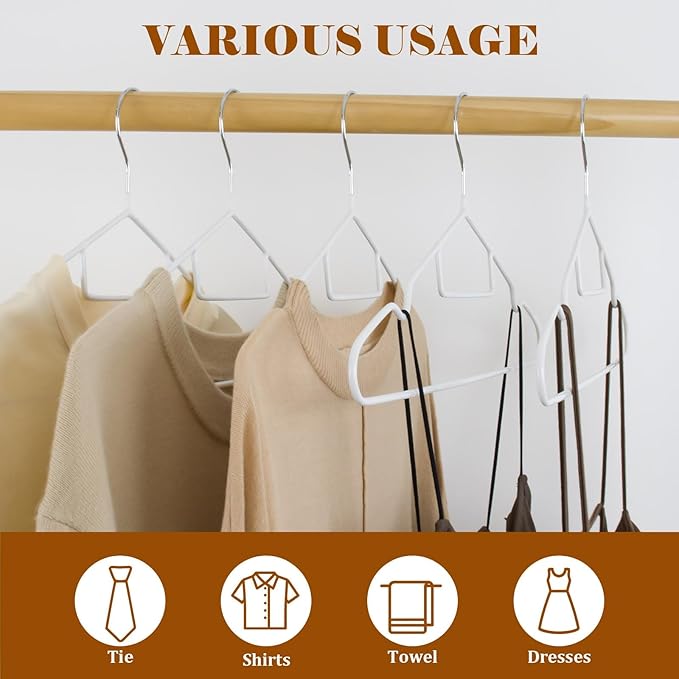Clothes Hangers, 50Pack White Metal Hangers with Tie Bar, Metal Hangers Heavy Duty with Shoulder Notches for Dress and Camisole,15.7'W Shirt Hanger（White）