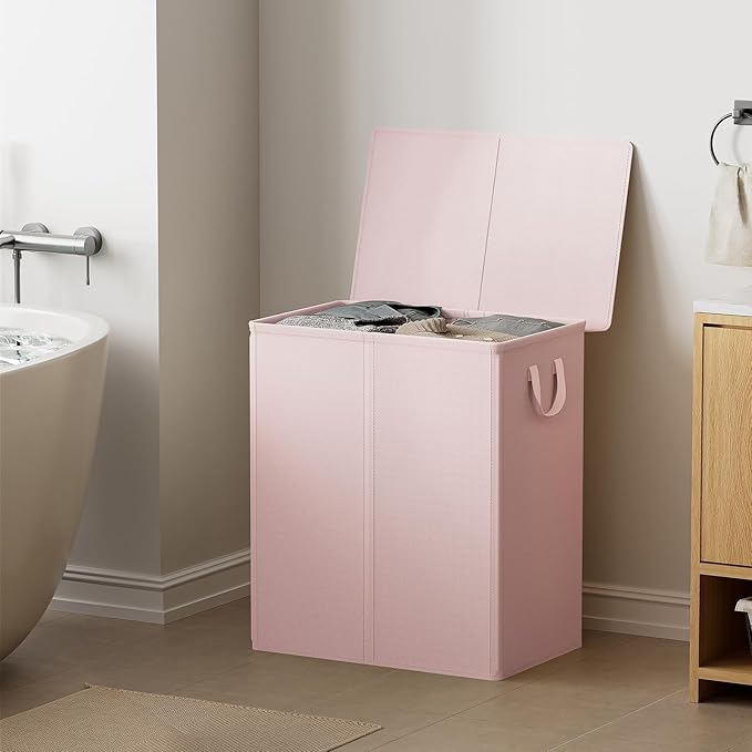 Chrislley 140L Laundry Hamper 2 Section, Double Laundry Basket with Lid, Large Dirty Clothes Hamper with Removable Liner Bags, Collapsible Laundry Organizer for Bedroom, Dorm,Pink