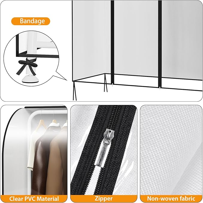 Kntiwiwo Clear Garment Rack Cover, Clothes Rack Cover Clothing Rack Cover with Durable Zippers for Garment Rack, Clothes Rack, Black, 50"L x 20"W x 60"H (Rack Not Included)