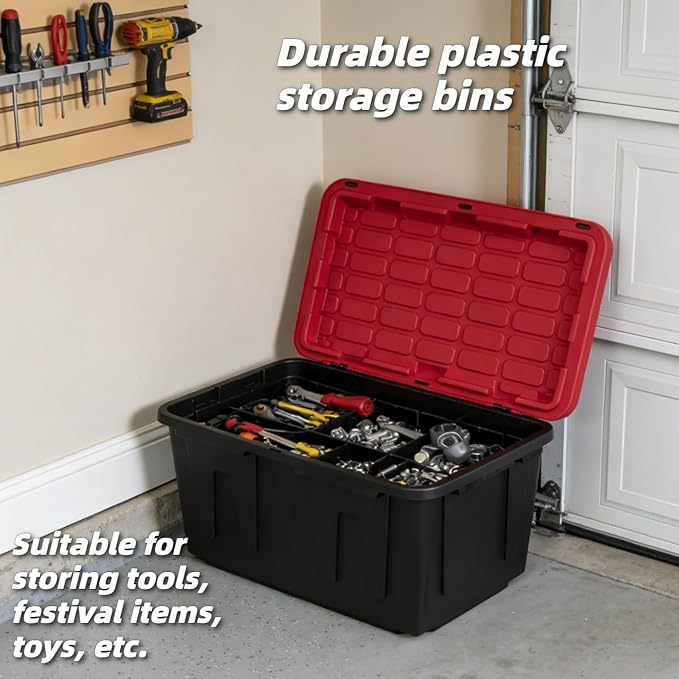27 Gallon Storage Bins with Lids, Heavy-Duty Plastic Storage Totes with Snap-Lock Lid, 30.6" L x 20.6" W Stackable Bins for Outdoor, Garage, Basement & Indoor Organization, Black Base & Red Lid