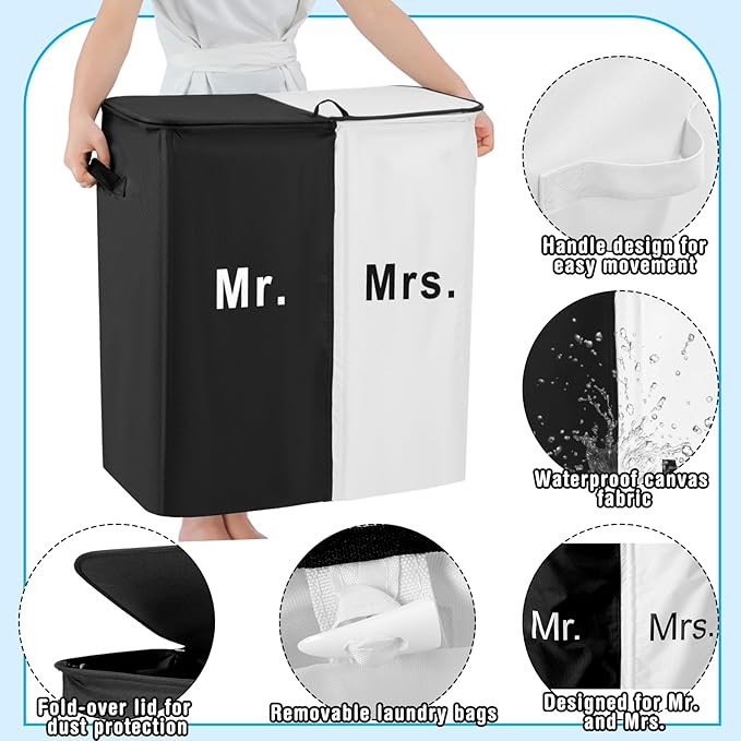 154L Large Double Laundry Hamper with Lid and Removable Bags Laundry Basket 2 Section Collapsible Dirty Clothes Hamper for Bathroom Bedroom for Husband&Wife Parents or Couple (Mr. Mrs.)