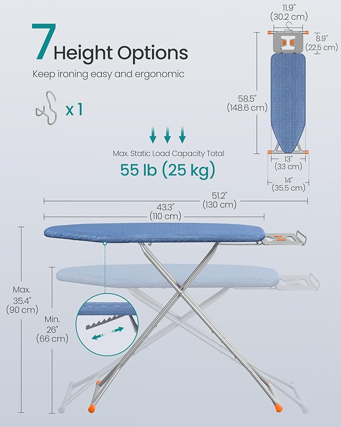 SONGMICS Ironing Board, Retractable Iron Rest, Foldable Iron Board, 43 x 13 Inches, Space-Saving, Height Adjustable, Padded with Cover, Hook, Midnight Blue ULLB003QP03S